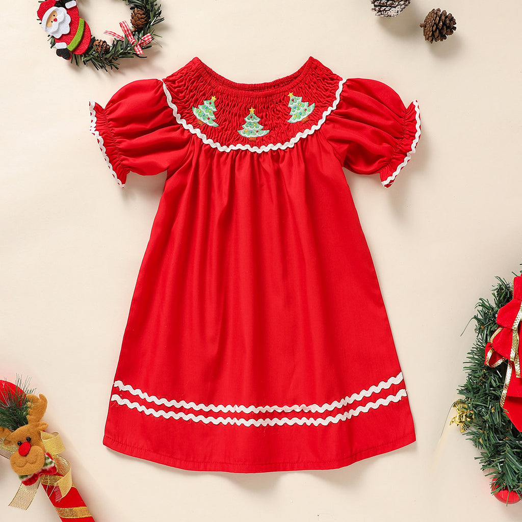 Toddler & Infant Girl Christmas Dress | Smocked Tree Embroidery Princess Party Dress – Babias