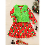 Children's Christmas outfit with red dress and green fur vest on a beige background