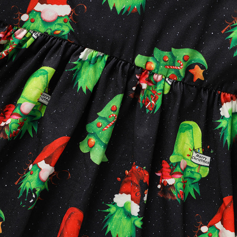 Black fabric with green Christmas tree and red Santa Claus print