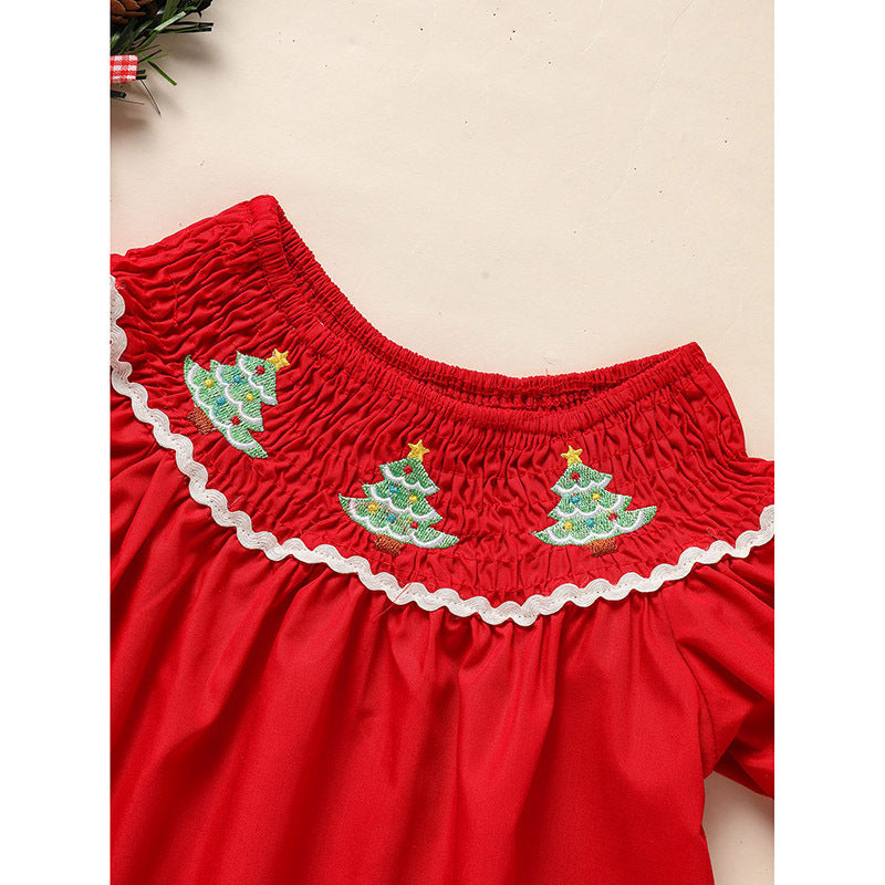 Toddler & Infant Girl Christmas Dress | Smocked Tree Embroidery Princess Party Dress – Babias